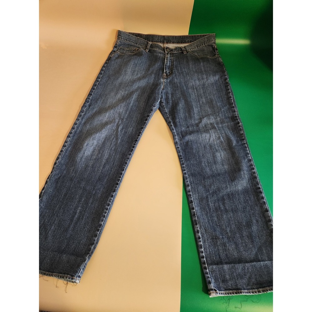 Saltaire Jeans Mens 36x30 Blue Dark Wash Straight Leg Raw Hem Distressed Denim
